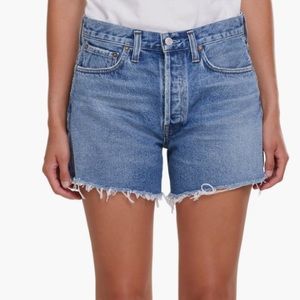 Agolde Parker Long Distressed Denim Shorts in Skywave